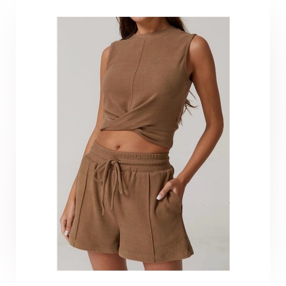 Casual Drawstring Women’s Shorts &Shirt Set- Brown - Picture 2 of 5